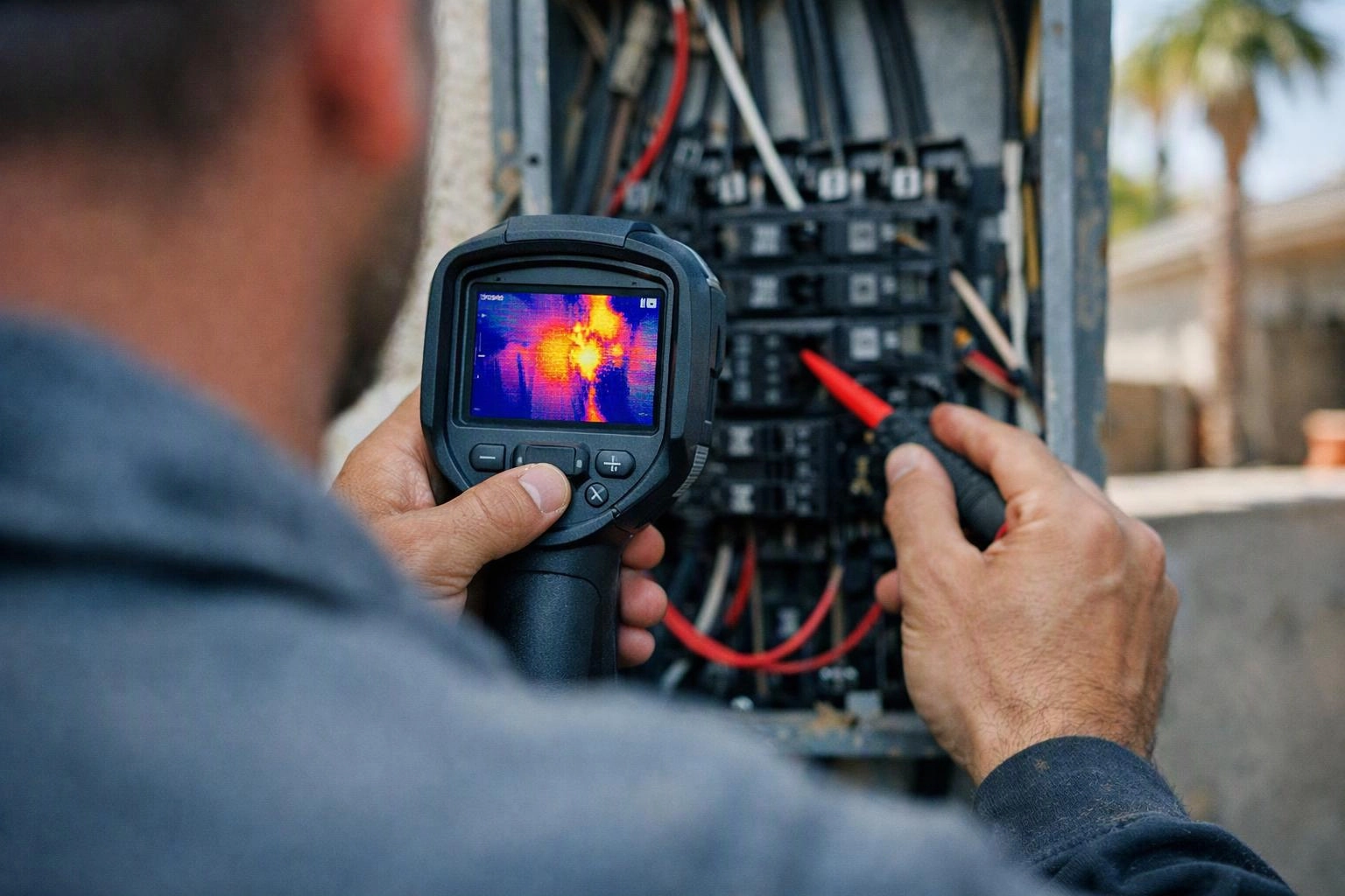 A person uses a thermal camera and probe to inspect wiring inside an open electrical panel outdoors