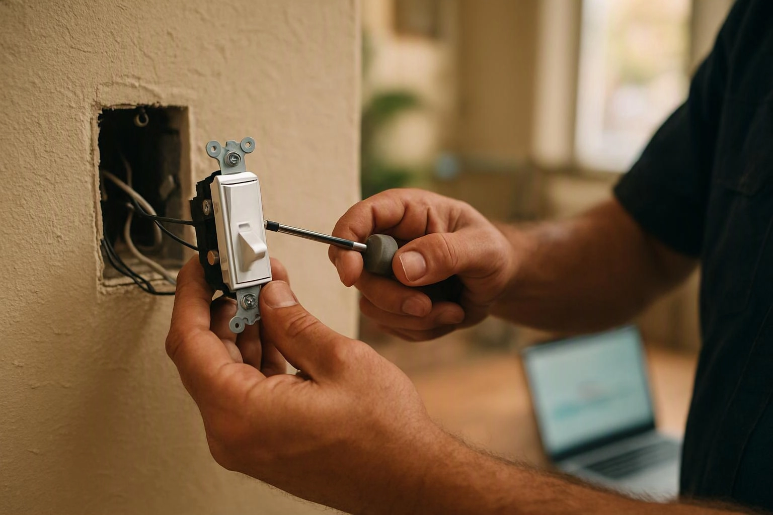 A person installs a wall light switch with a screwdriver beside an open electrical box