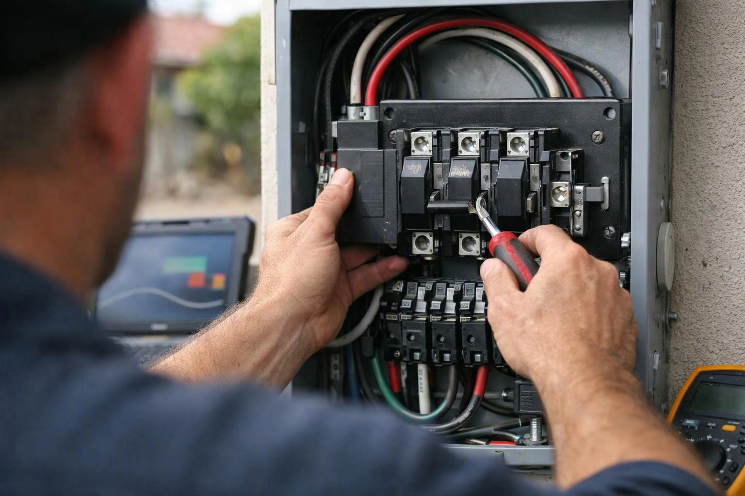 A person works inside an open electrical panel, holding a screwdriver near circuit breakers and wires