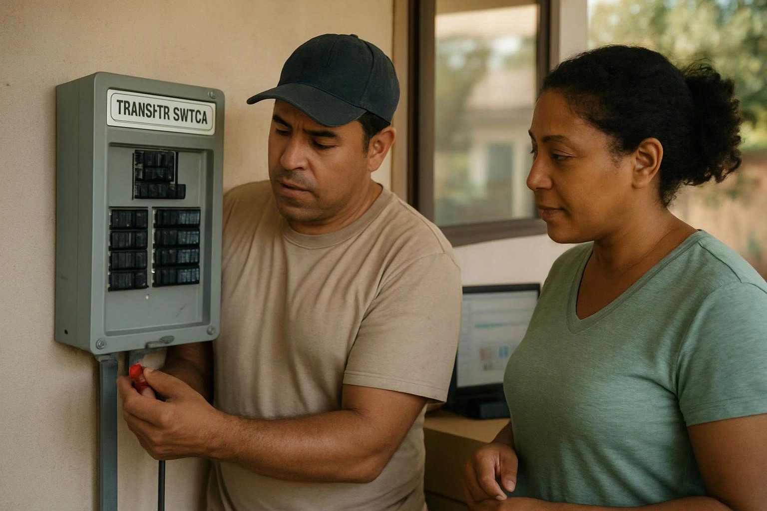 Two adults inspect an electrical breaker box indoors, with one adjusting a red switch next to the panel