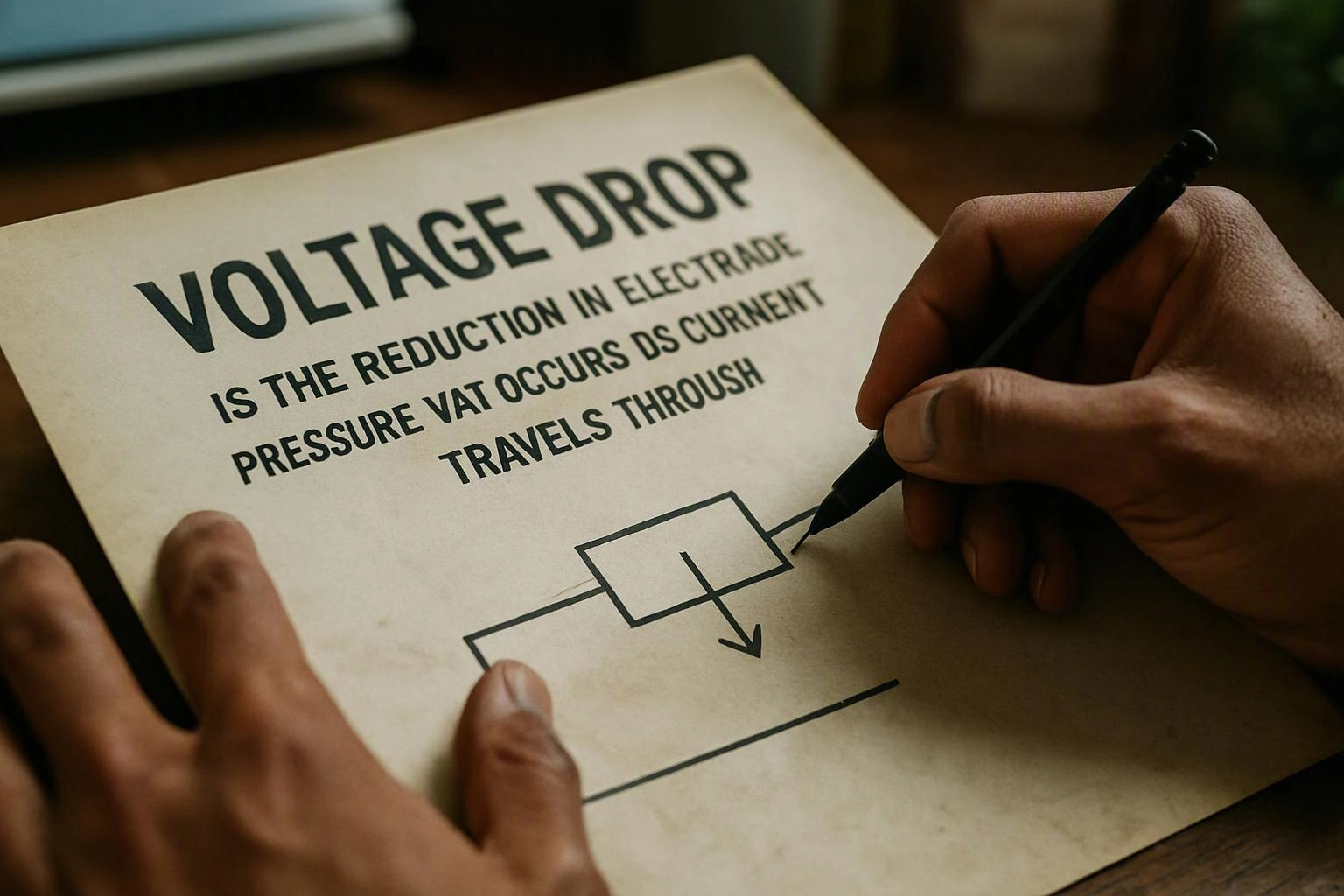 Hands sketch a simple circuit diagram on a page titled “VOLTAGE DROP”
