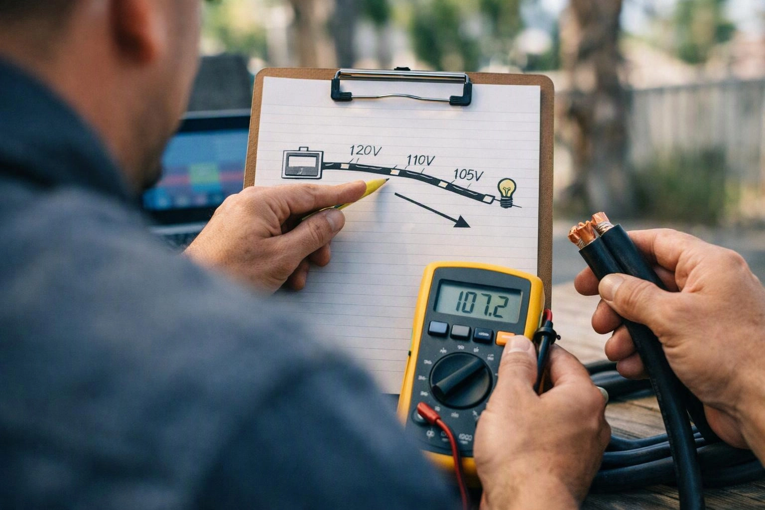 A person points at a voltage sketch on a clipboard while holding a digital multimeter and thick electrical cables outdoors