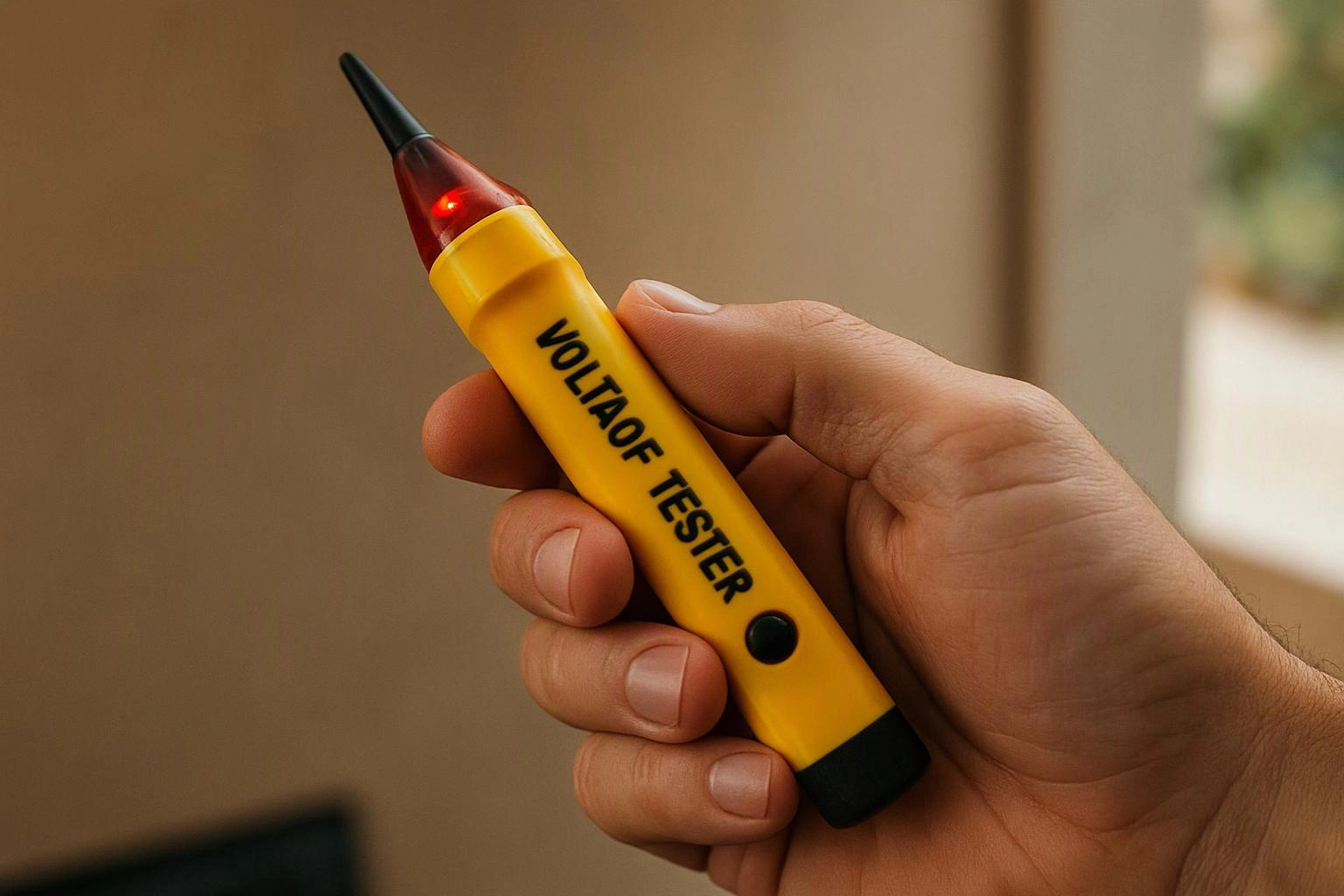 A hand holds a yellow voltage tester with a glowing red tip against a blurred indoor background