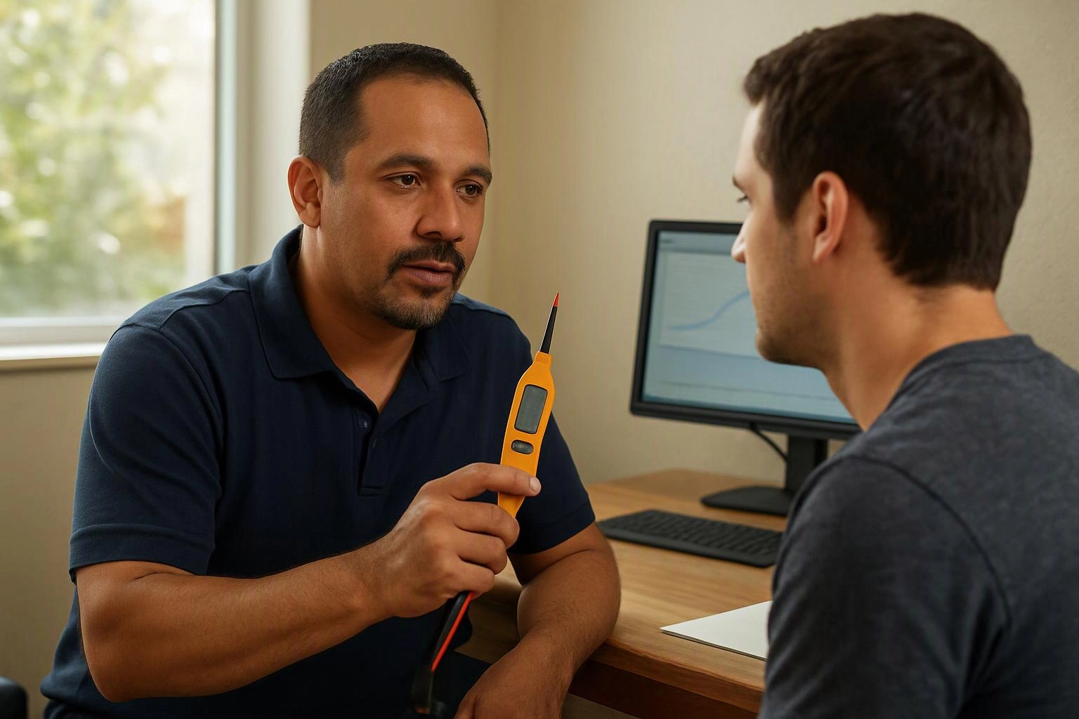 Two men talk at a desk while one holds up an orange handheld tester beside a computer monitor