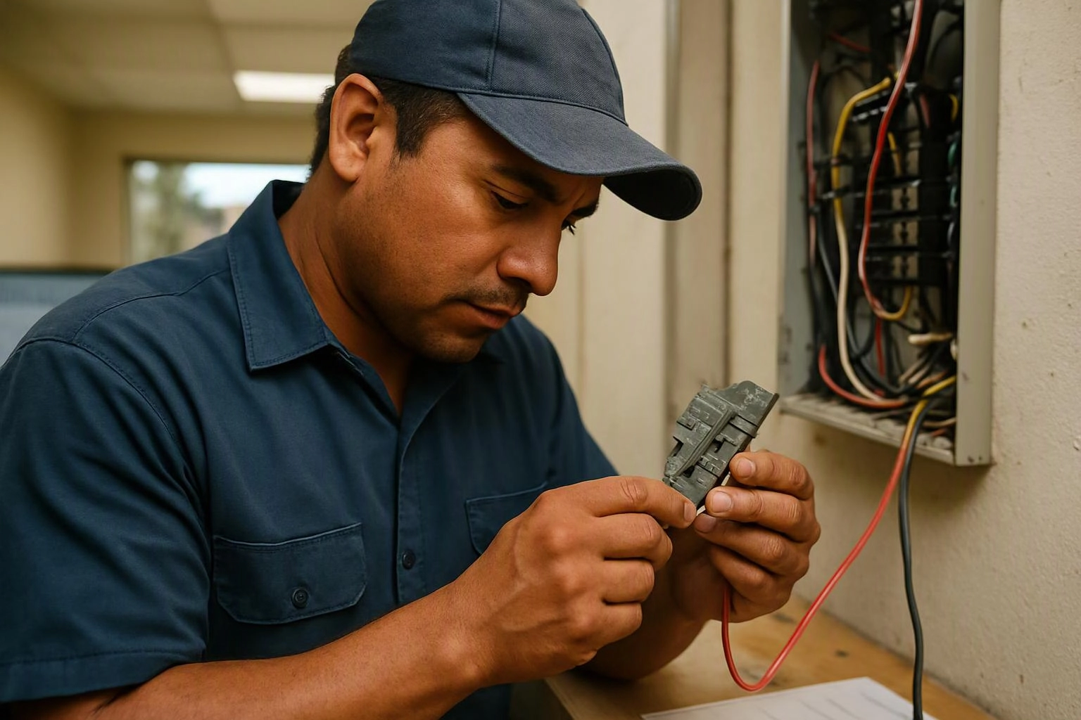 A technician in a navy cap inspects a circuit breaker beside an open electrical panel indoors