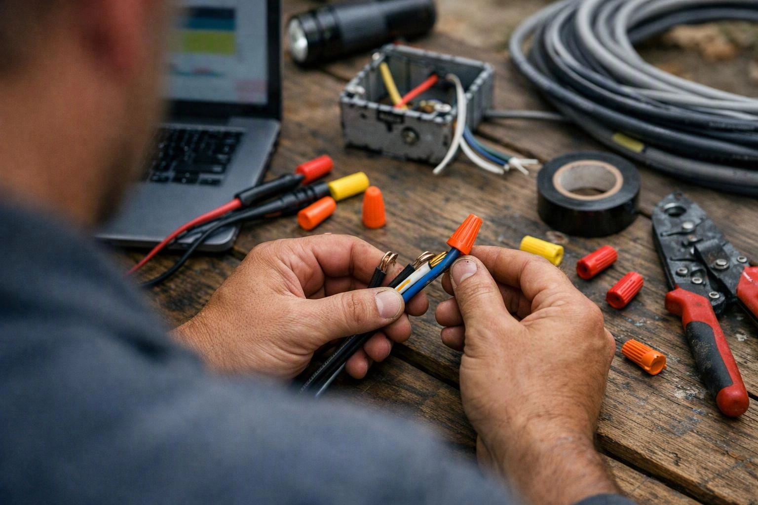 A person strips and twists electrical wires at a wooden workbench with tools, connectors, and a laptop nearby