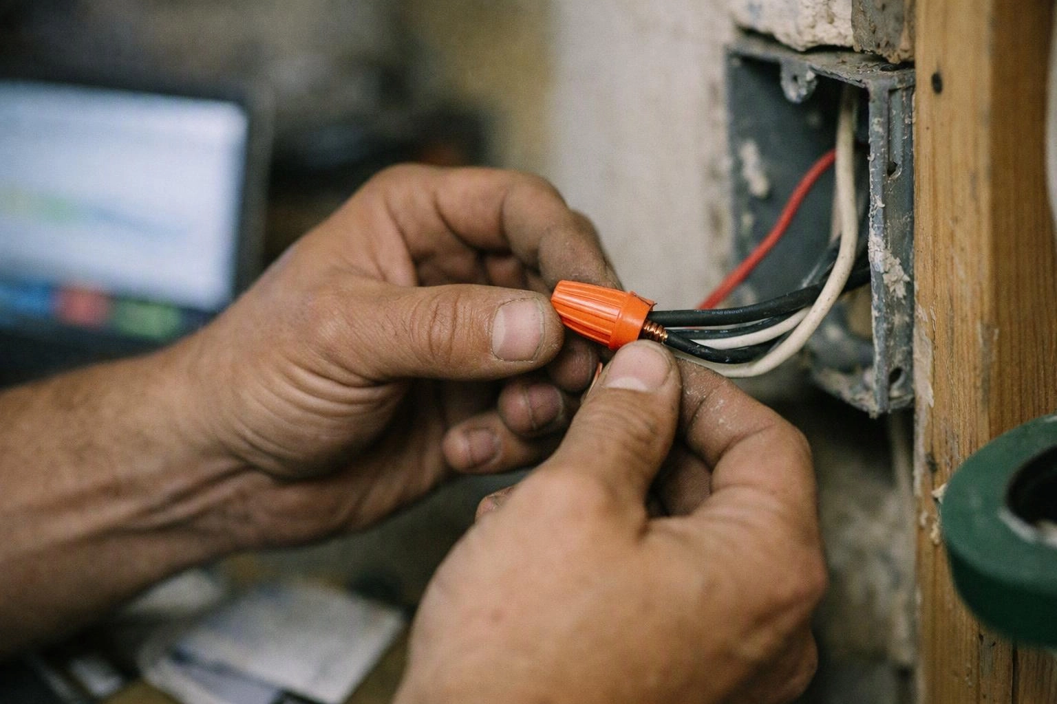 Hands twist an orange wire cap onto electrical wires inside a wall outlet box