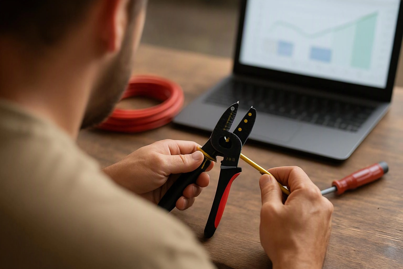 A person grips wire strippers and strips a yellow cable at a wooden desk beside a laptop and red cable coil