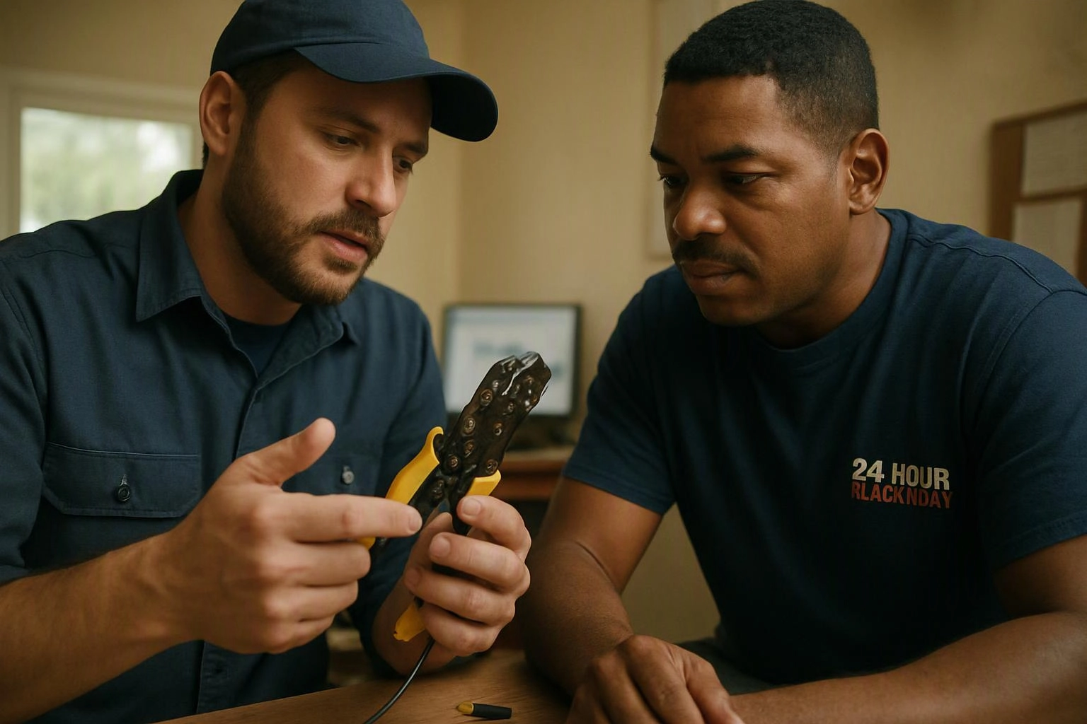 Two men study a wire stripper at a table in a plain indoor room