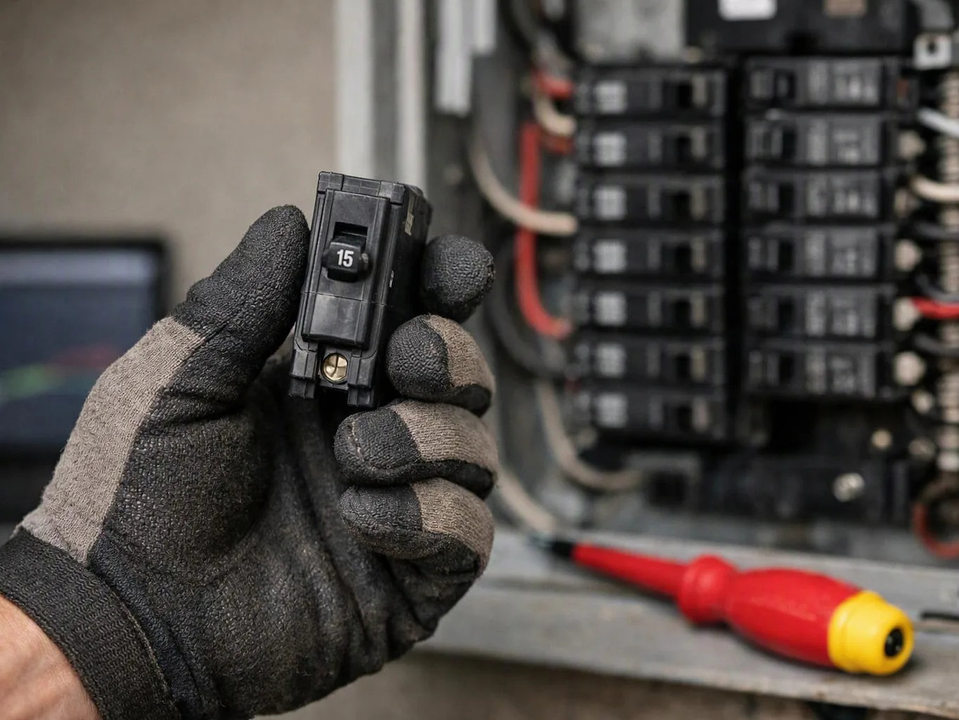 A gloved hand holds a 15-amp circuit breaker beside an open electrical panel with a red screwdriver nearby
