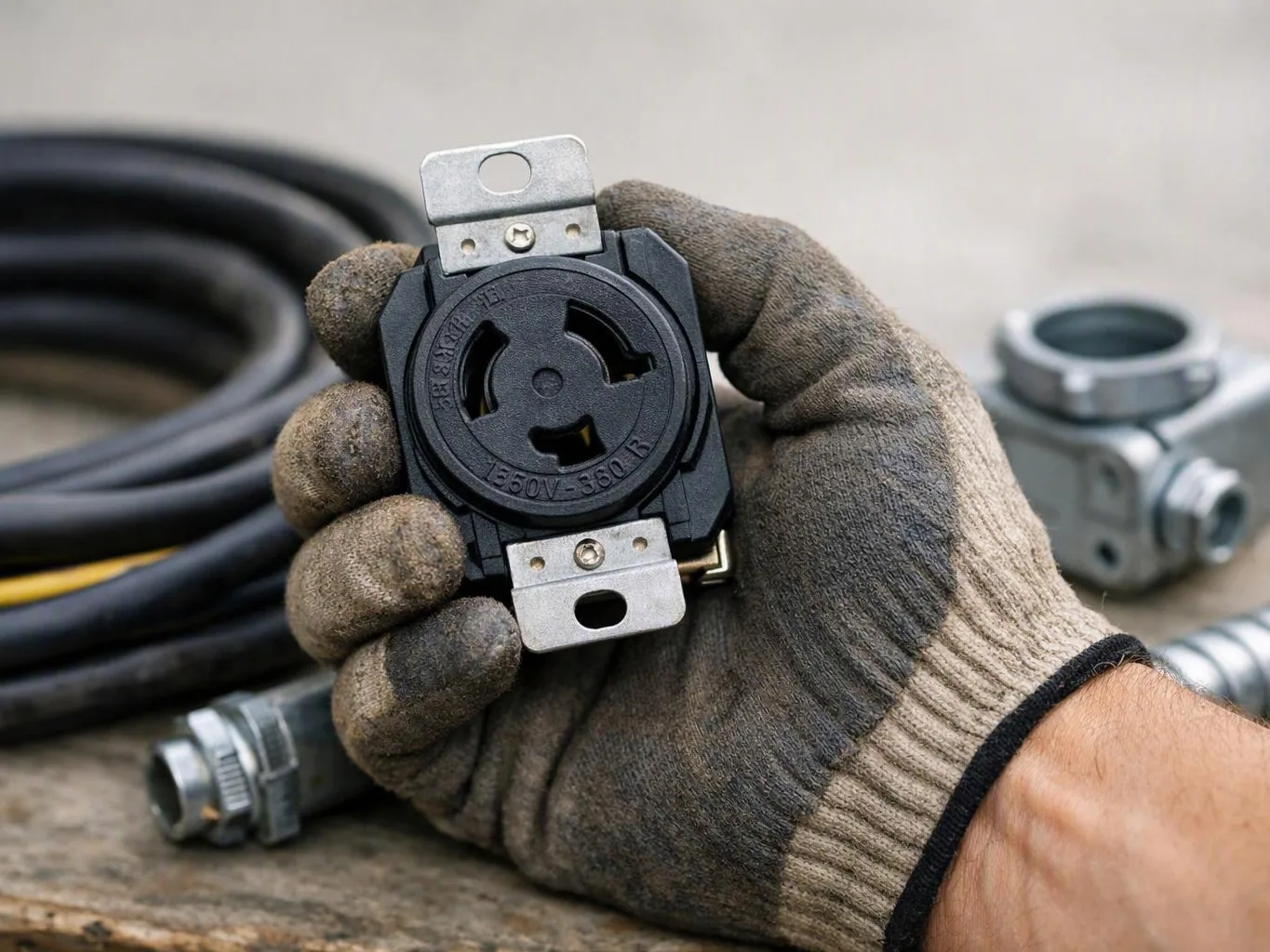 A gloved hand holds a black electrical outlet plug beside coiled cables and metal conduit fittings