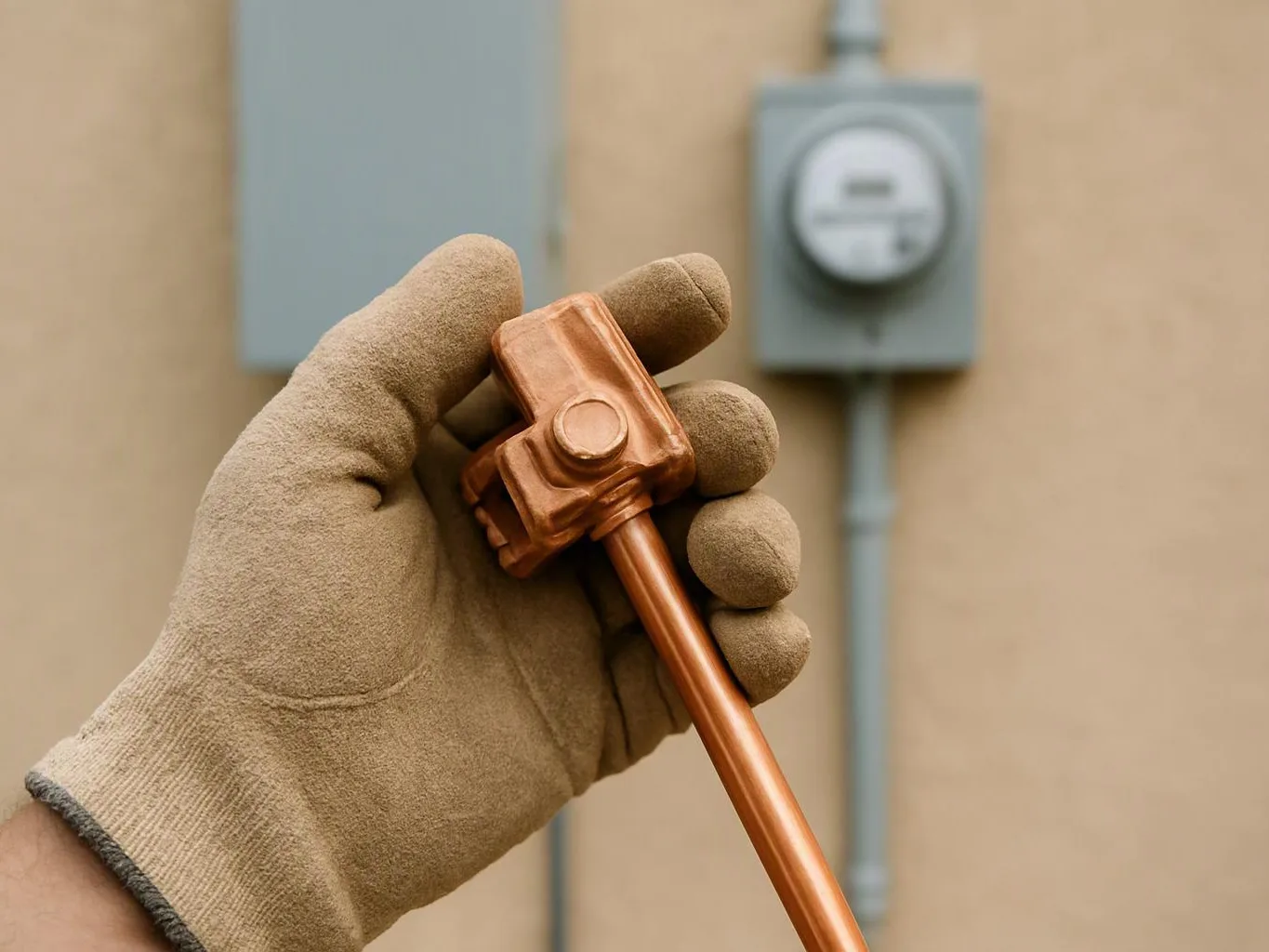 A gloved hand holds a copper grounding clamp in front of an electrical meter on a beige wall