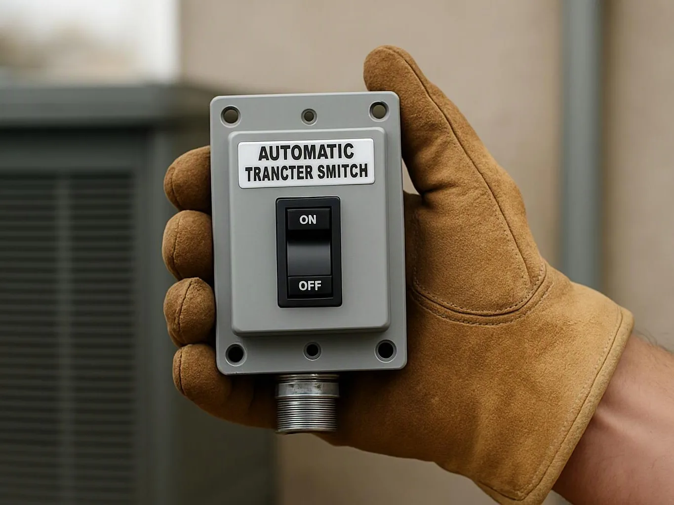 A gloved hand holds a gray automatic switch box with an on and OFF toggle indoors