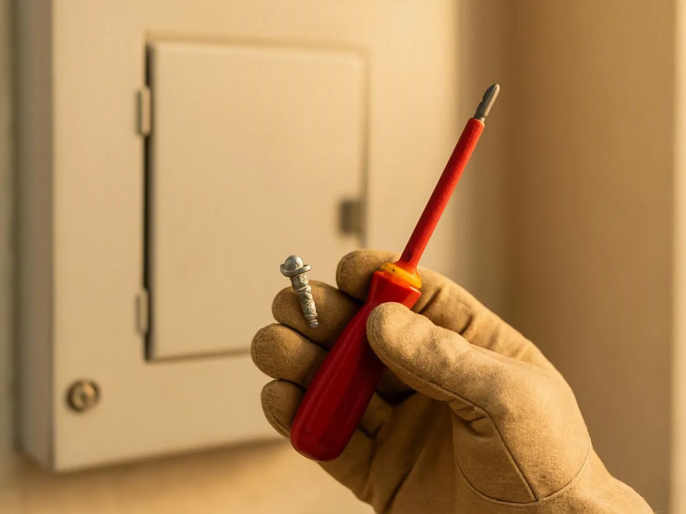 A gloved hand holds a red screwdriver and a screw in front of a wall electrical panel