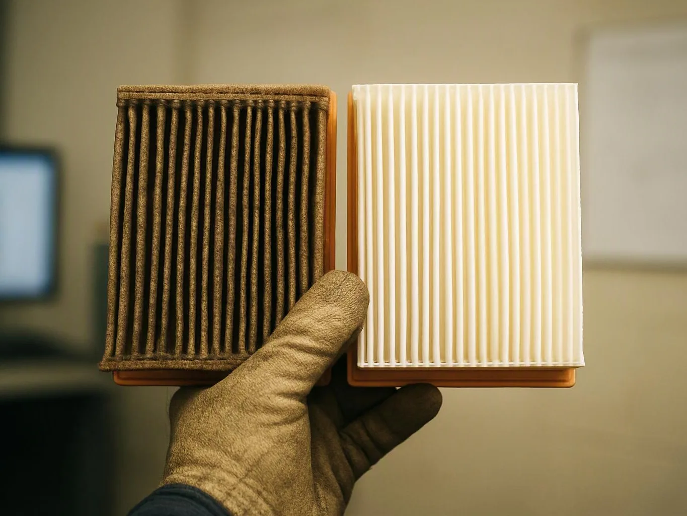 A gloved hand holds two pleated air filters side by side indoors, one dirty and one clean