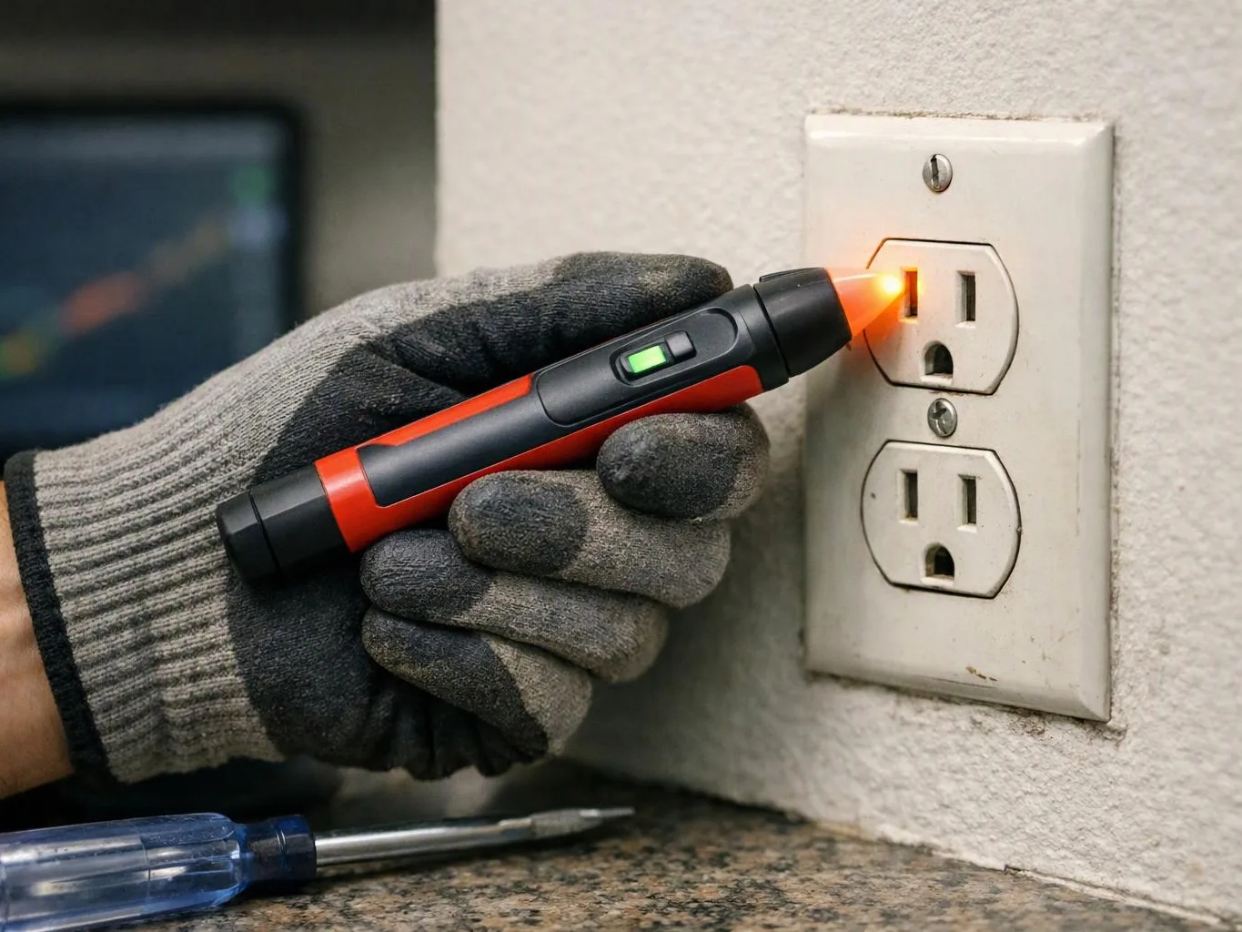 A gloved hand holds a voltage tester to a wall outlet beside a screwdriver on a countertop