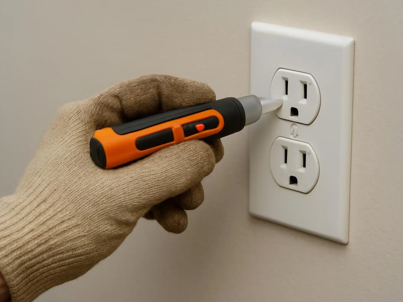 A gloved hand holds a voltage tester to a wall outlet on a beige wall
