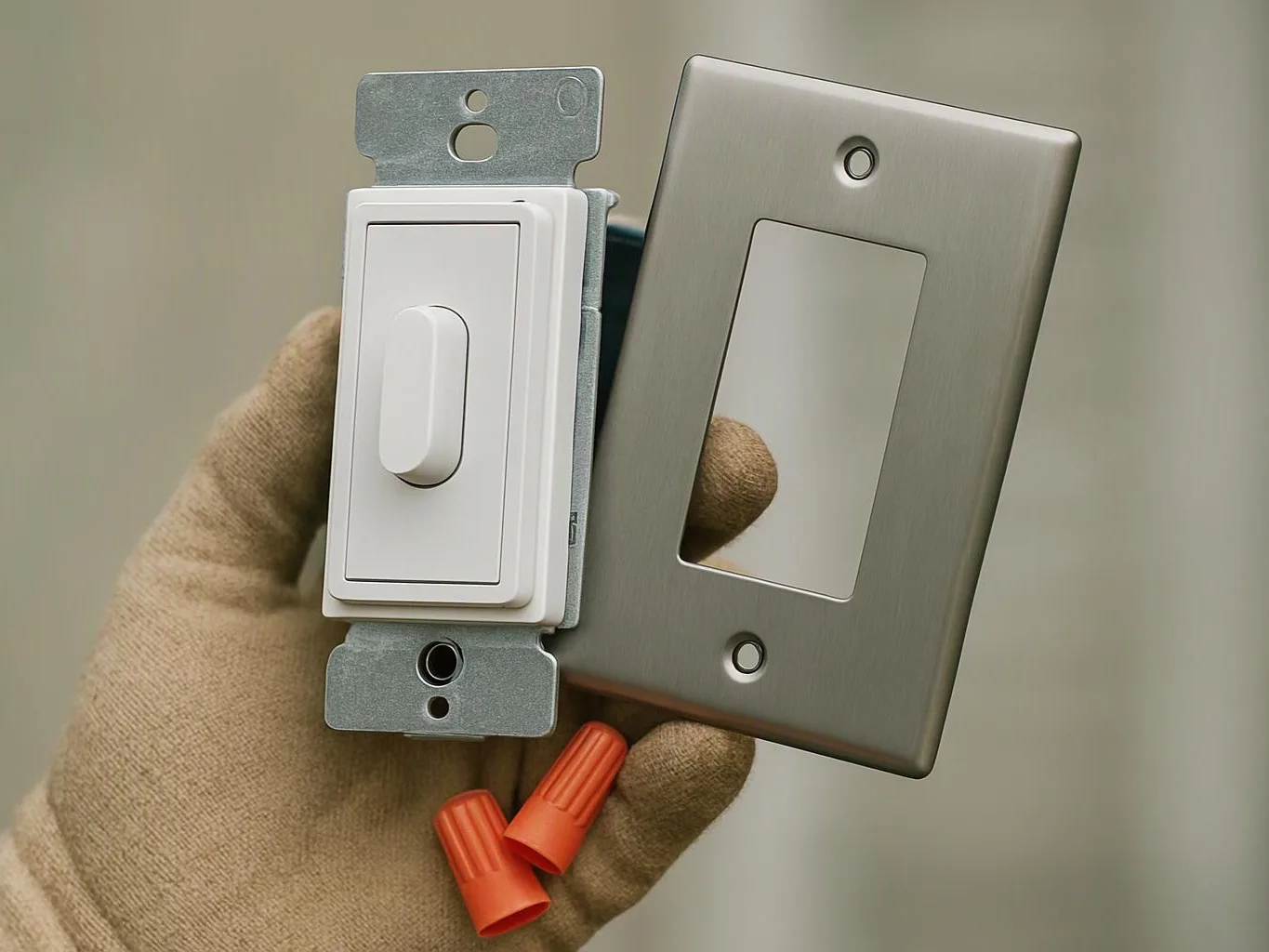 A gloved hand holds a white dimmer switch, a brushed metal wall plate, and two orange wire nuts