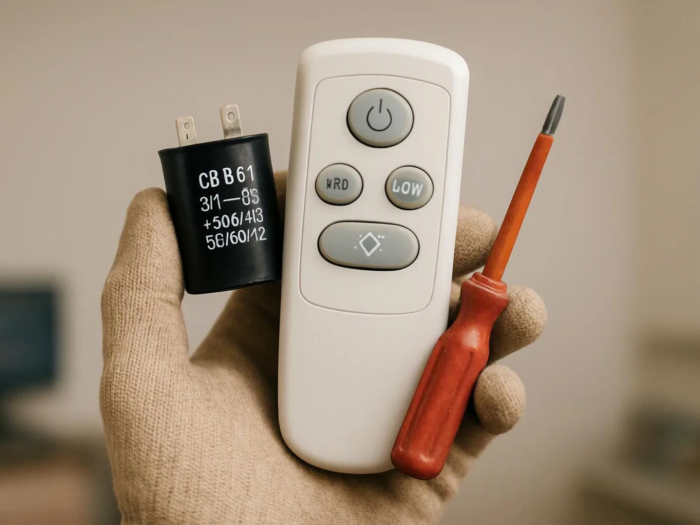 A gloved hand holds a white remote, a black capacitor, and a red screwdriver against a blurred indoor background