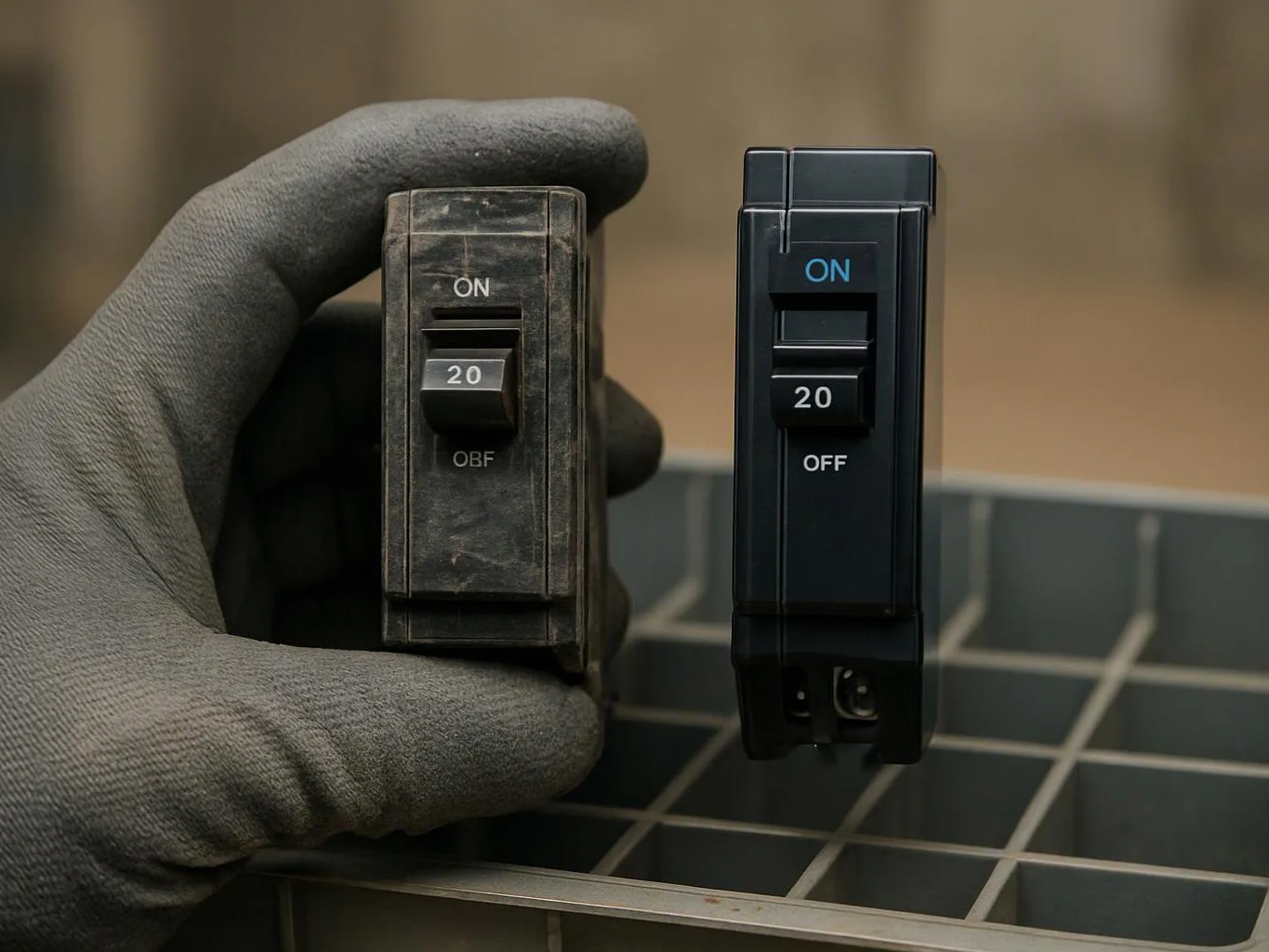 A gloved hand holds a worn breaker beside a new black breaker on a tiled surface