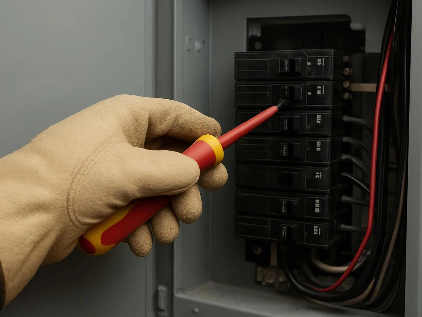 A gloved hand tests a circuit breaker panel with a red and yellow screwdriver inside a gray electrical box