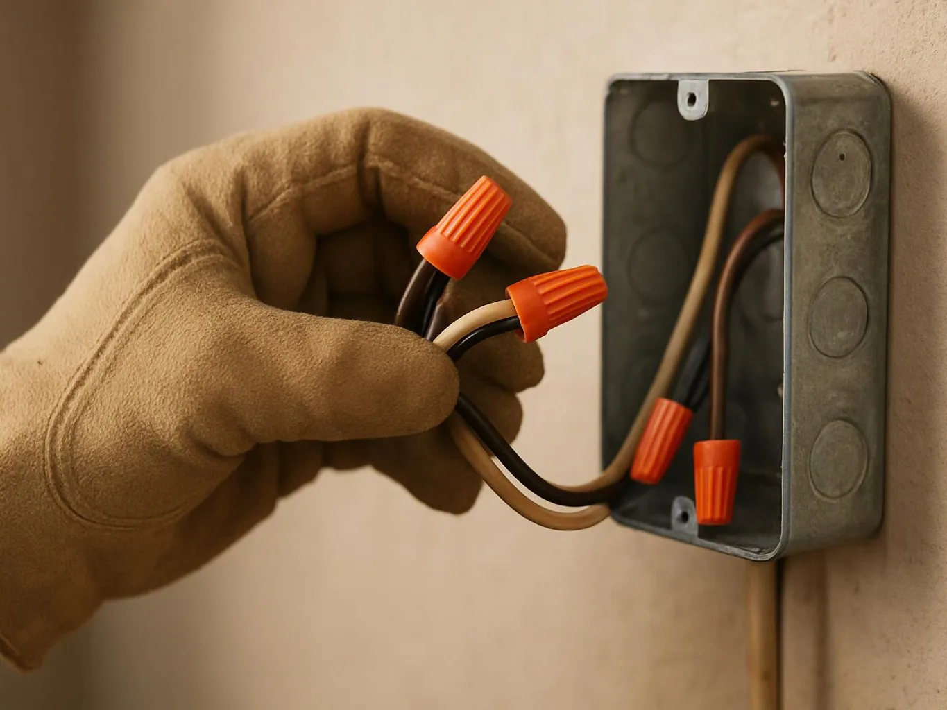 A gloved hand twists electrical wires with orange wire nuts beside an open metal wall box