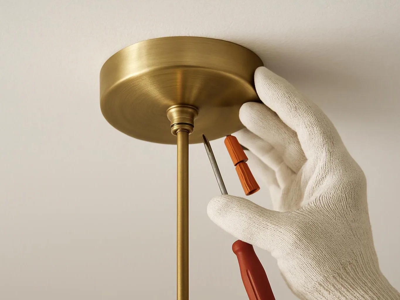 A gloved hand uses a screwdriver to adjust a brass ceiling light fixture on a plain wall