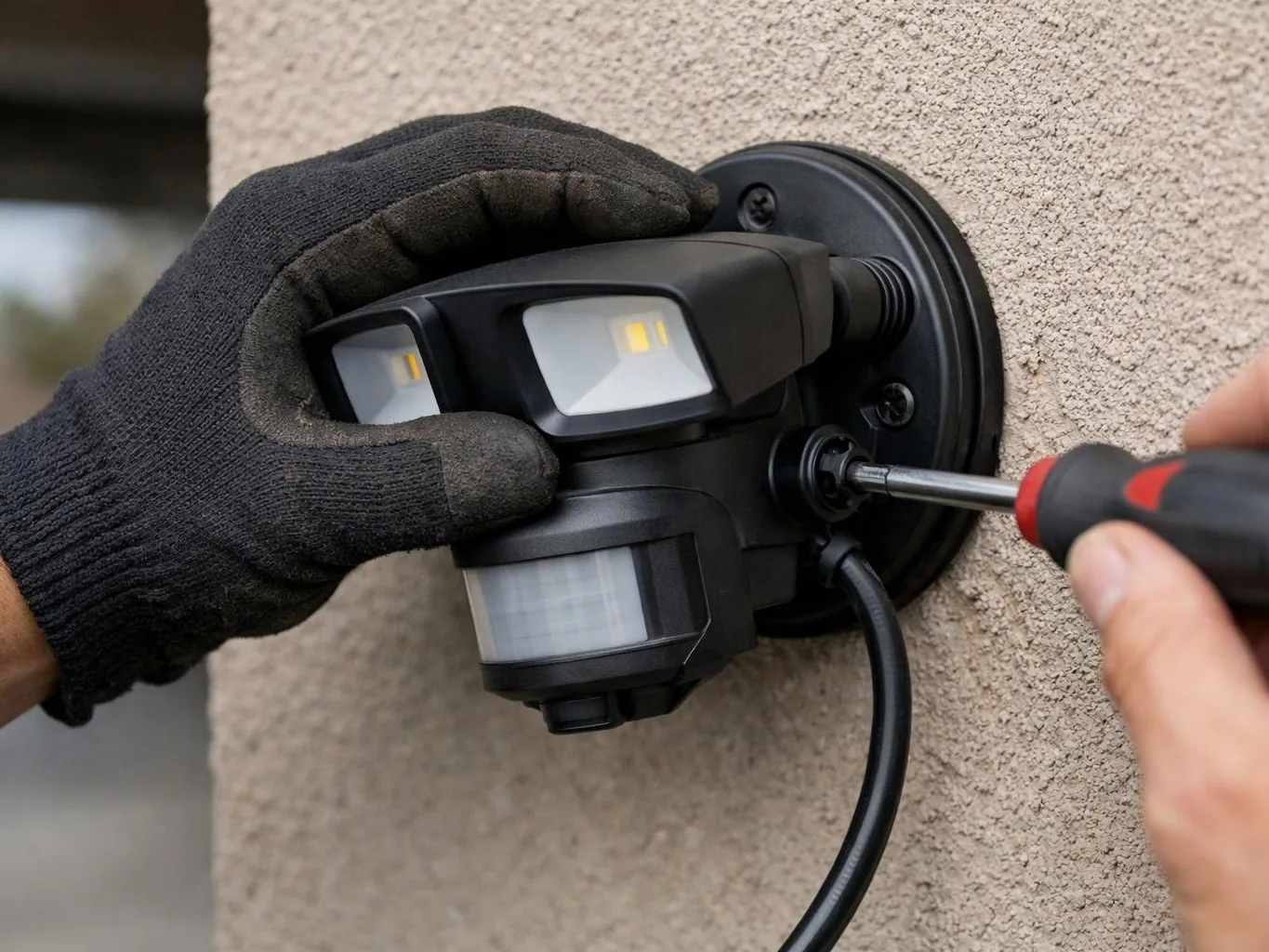 Gloved hands are fastening a black motion sensor light to a textured wall with a screwdriver