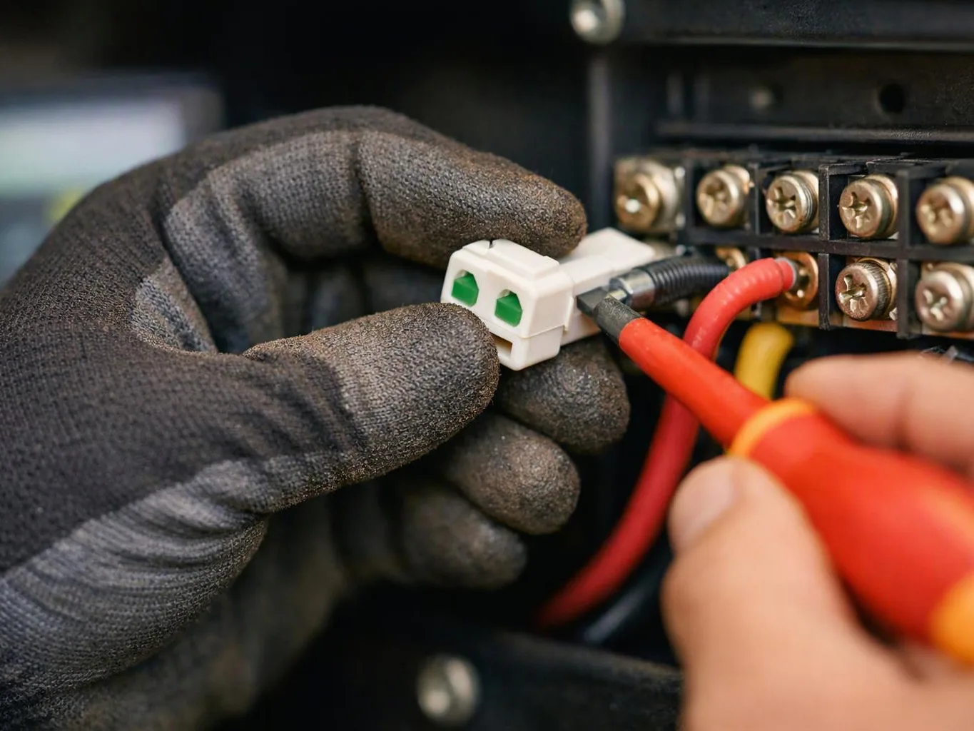 Gloved hands connect a white electrical plug while holding a red screwdriver near a terminal block