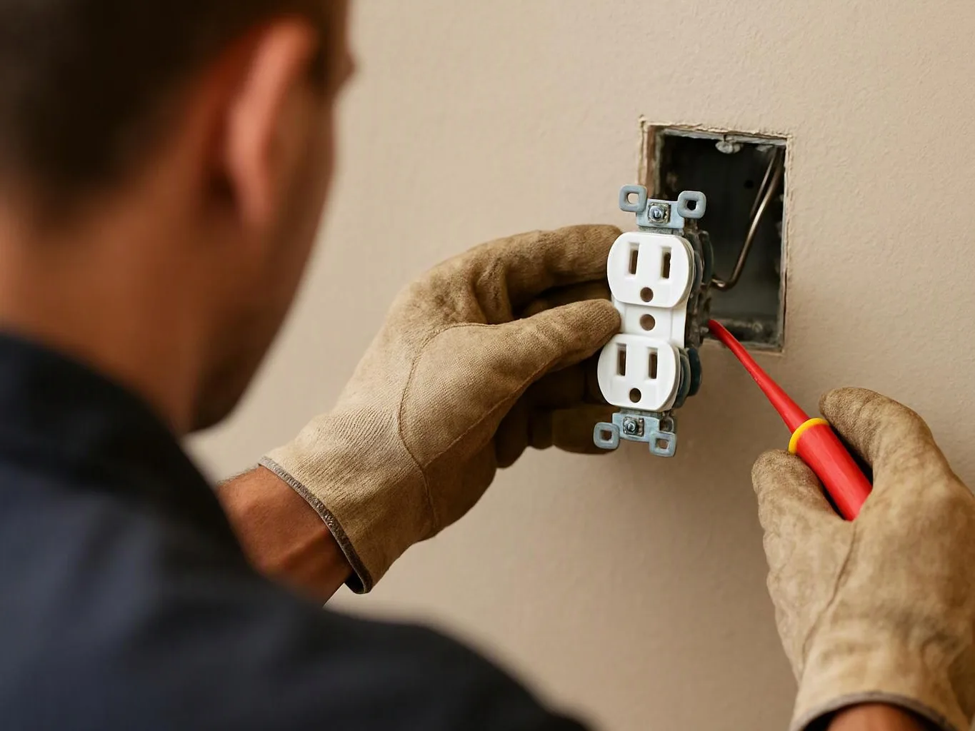 Gloved hands install a white wall outlet while holding a red screwdriver near an open electrical box