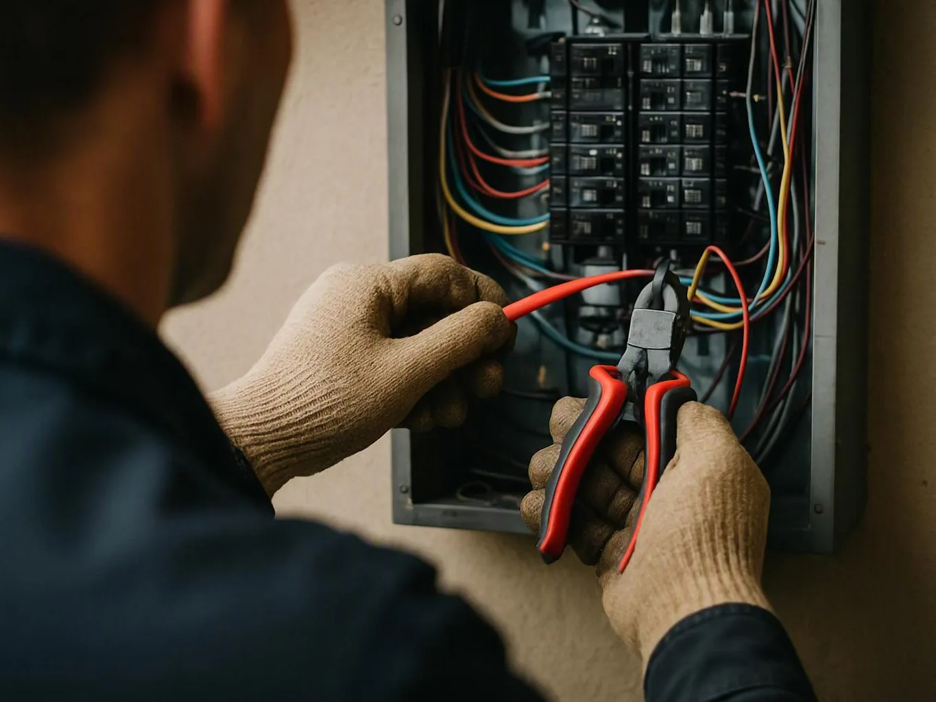 Gloved hands use pliers to connect a red wire inside an open electrical breaker box