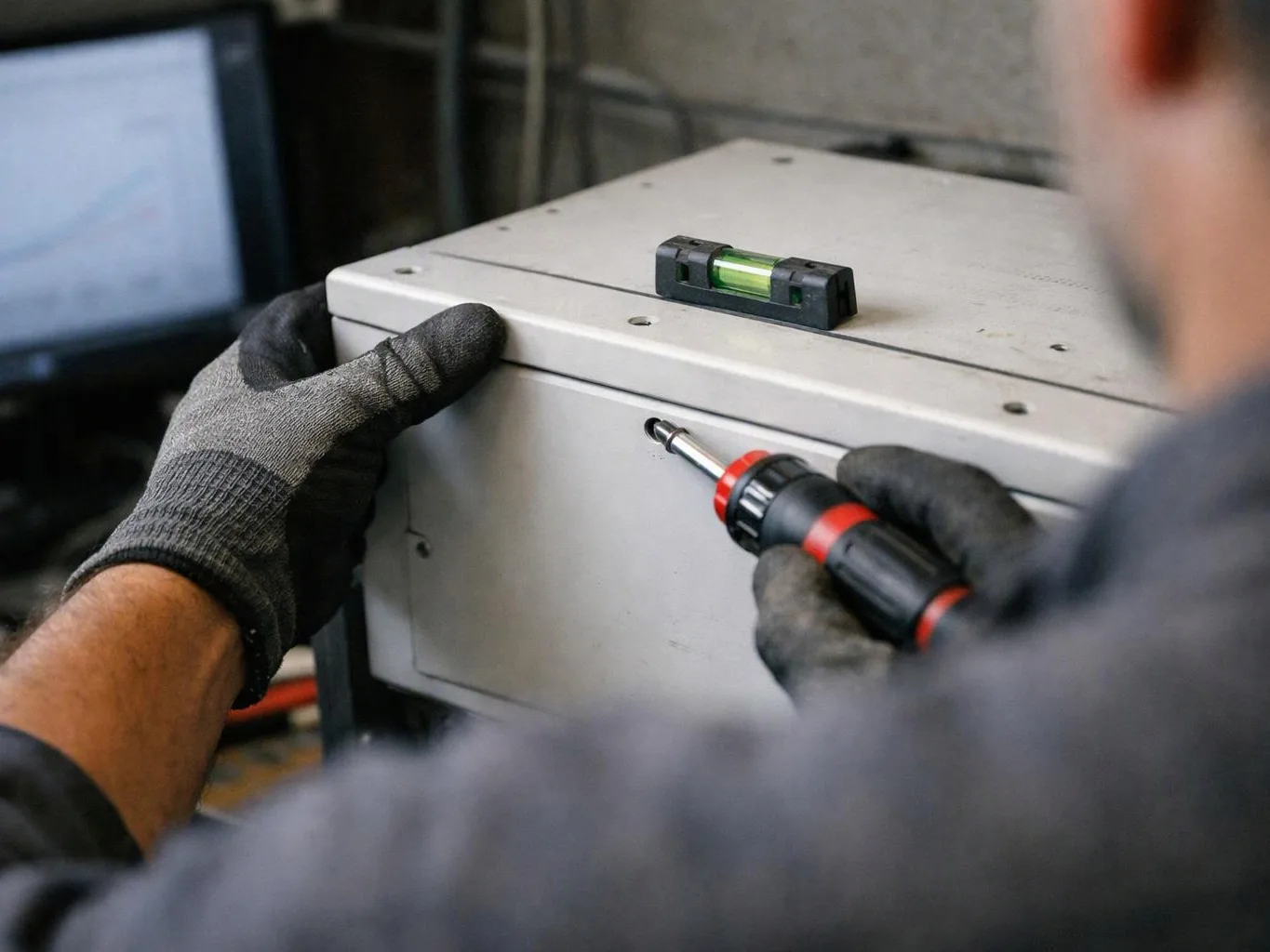 Gloved hands use a screwdriver to fasten a metal box beside a small level in a workshop