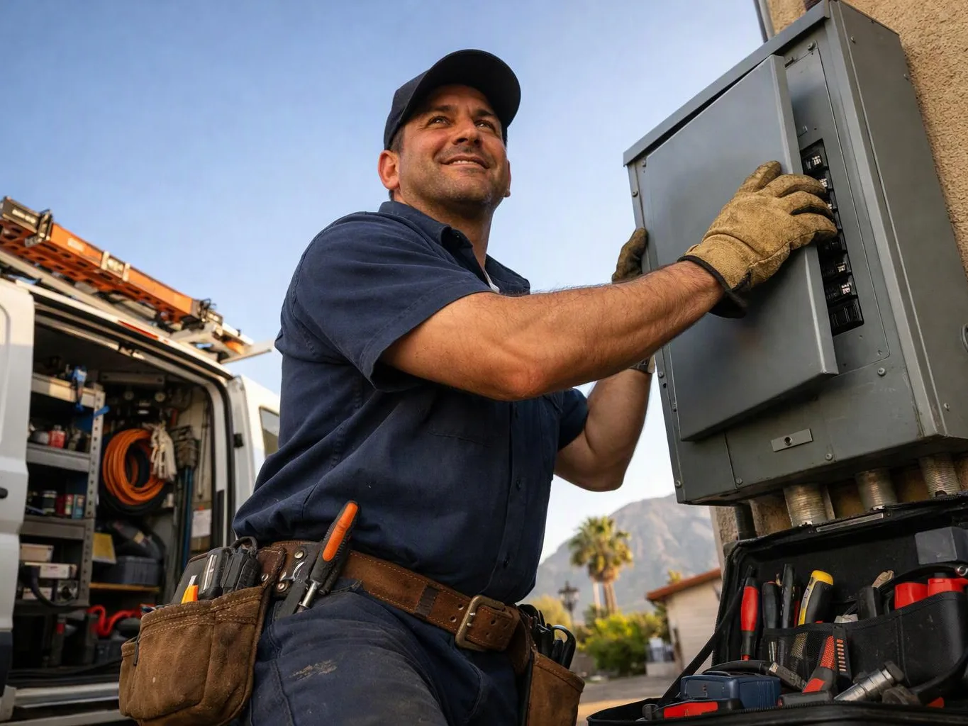 A gloved utility worker adjusts an electrical panel beside a service van outdoors