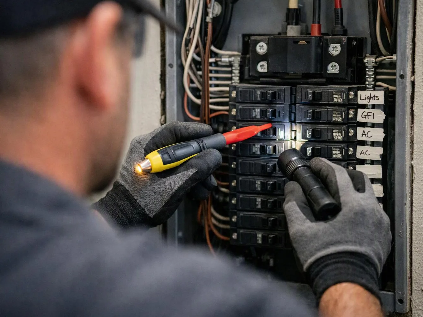 A gloved worker tests a breaker panel with a flashlight and voltage tester, labels for lights and AC visible