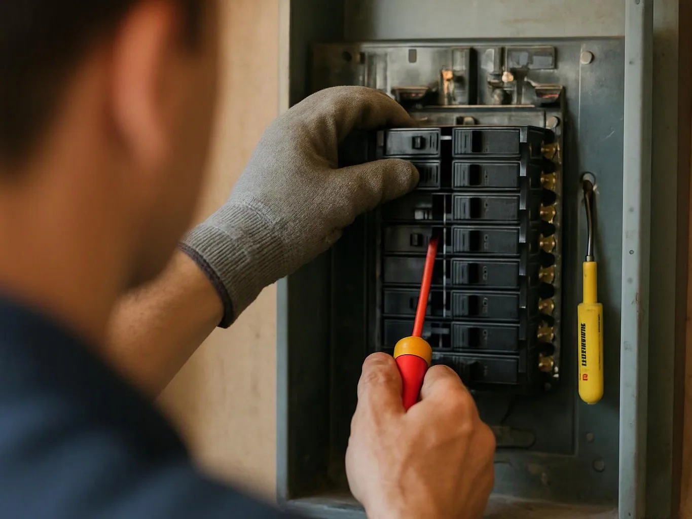A gloved worker tests an electrical breaker panel with a red screwdriver in a wall box