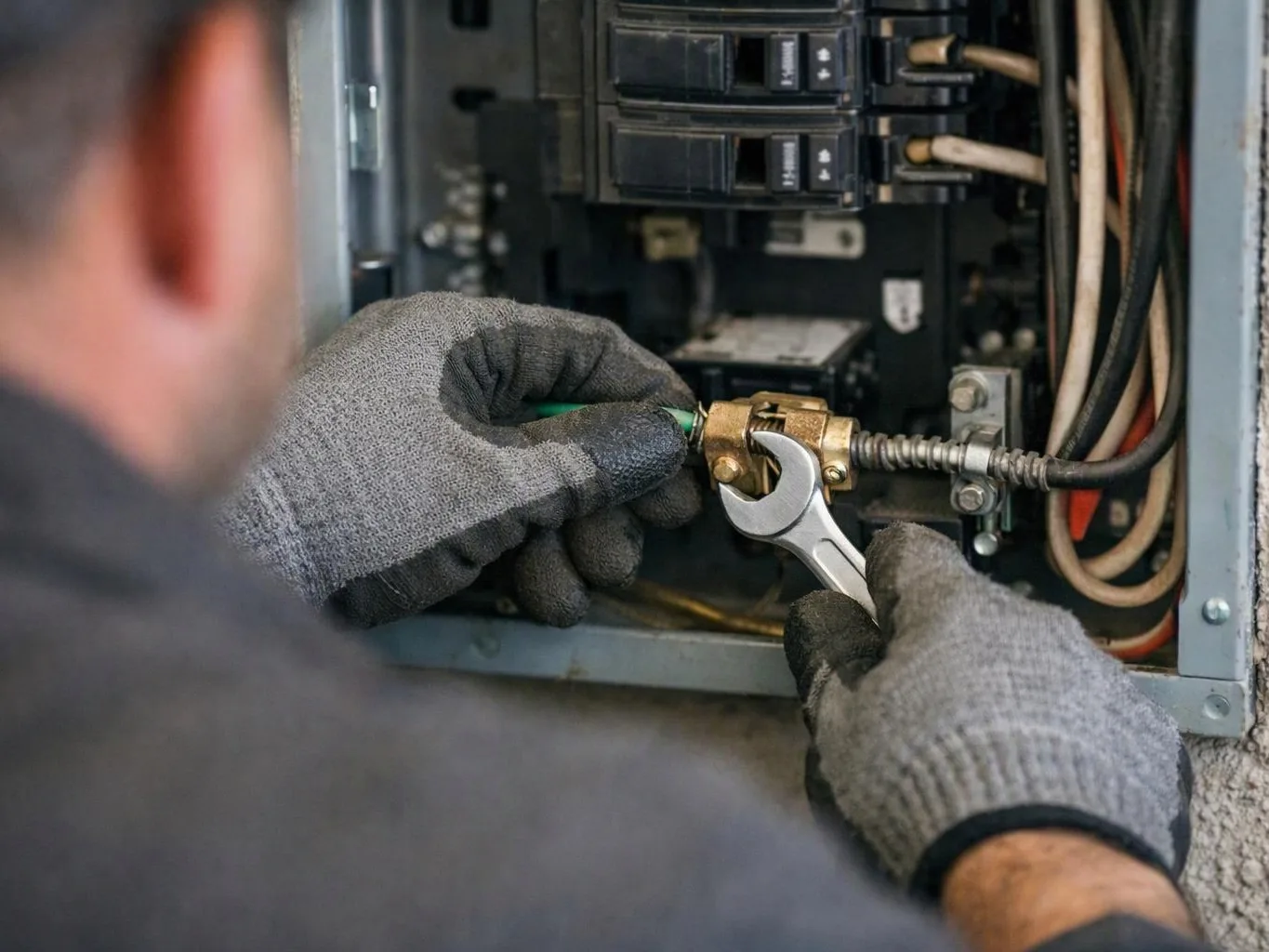 A gloved worker tightens a brass fitting inside an open electrical panel
