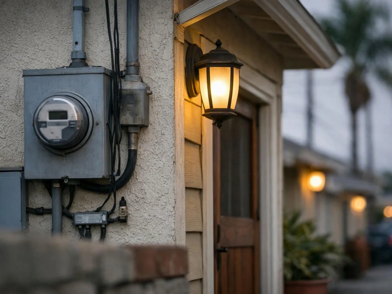 A glowing porch light hangs beside an electrical meter box on a house wall
