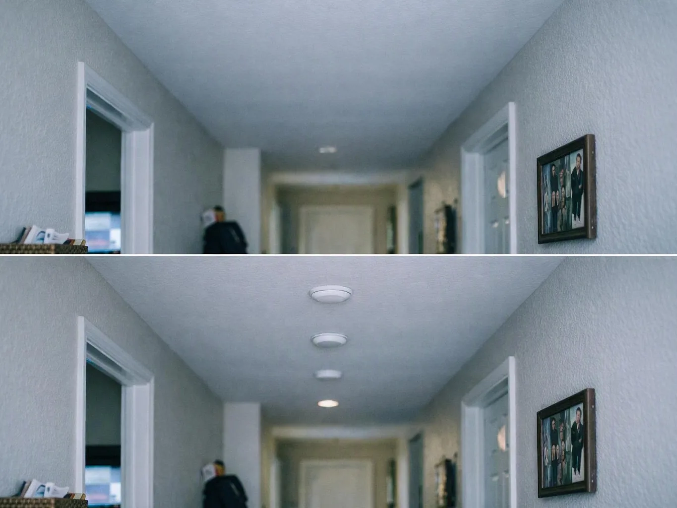 A hallway is shown in two stacked views, with a framed photo on the wall and ceiling lights added below