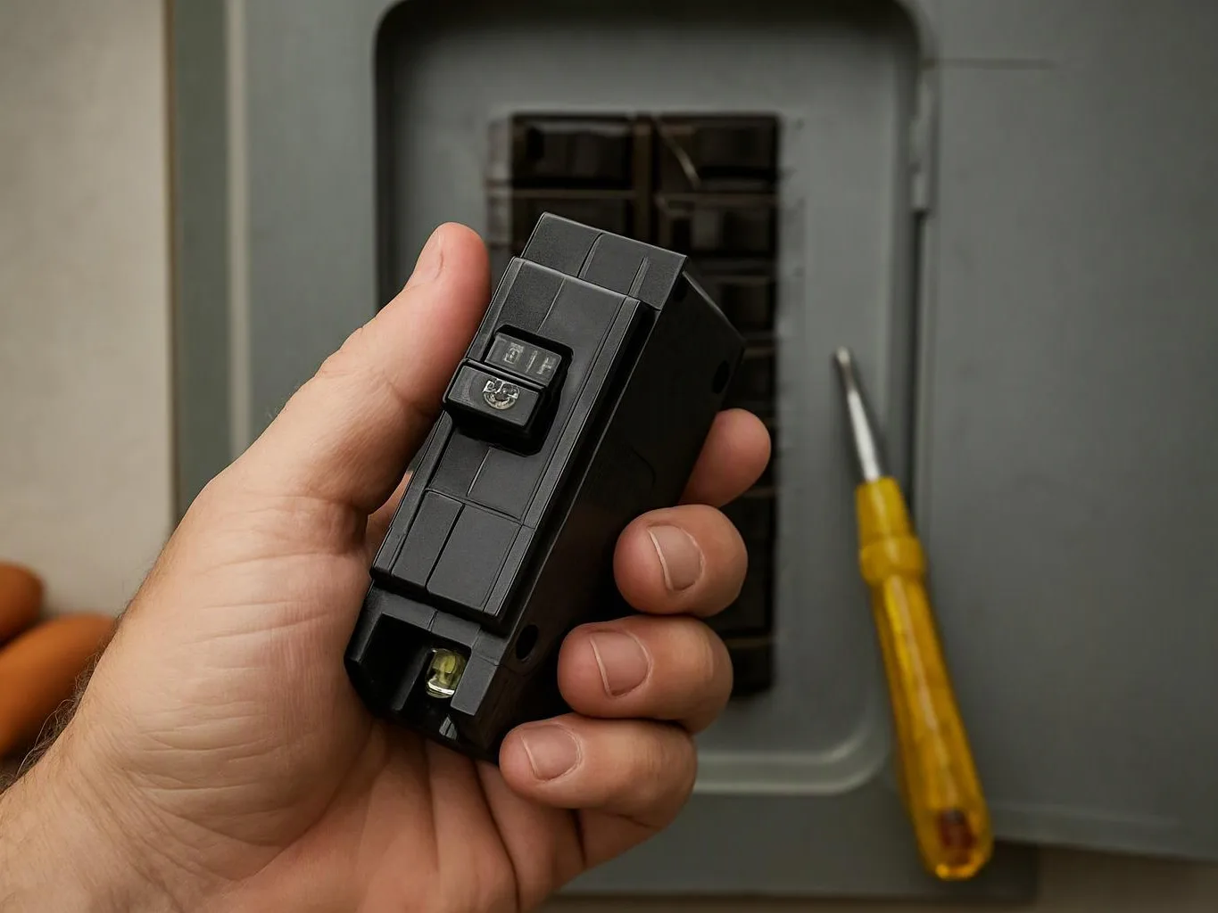A hand holds a black electrical breaker beside an open gray panel with a screwdriver nearby