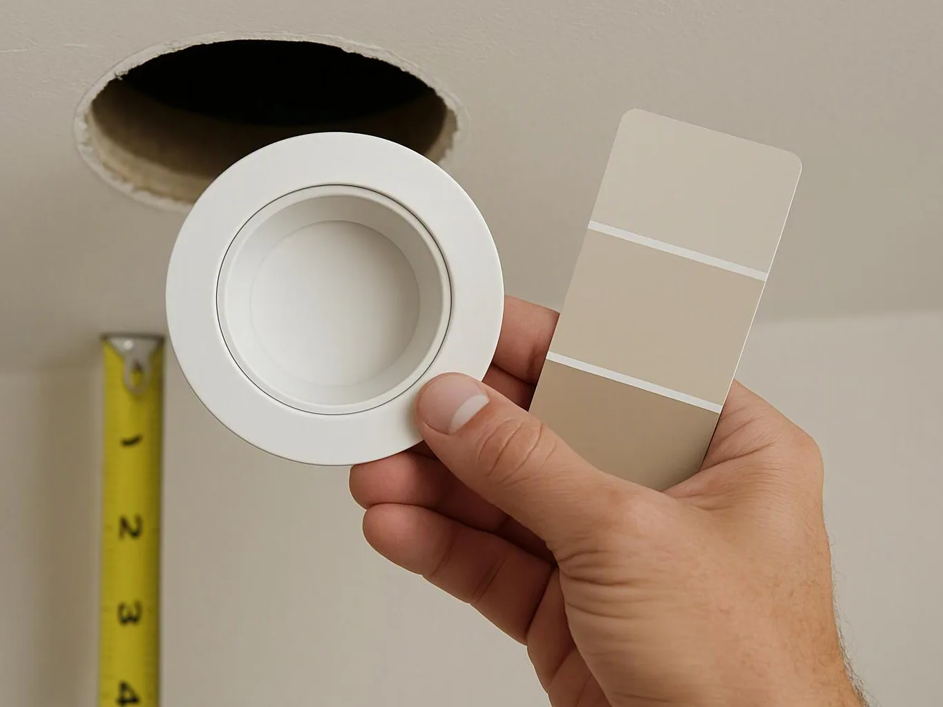 A hand holds a recessed light trim and a beige color swatch beside a ceiling cutout with a tape measure visible