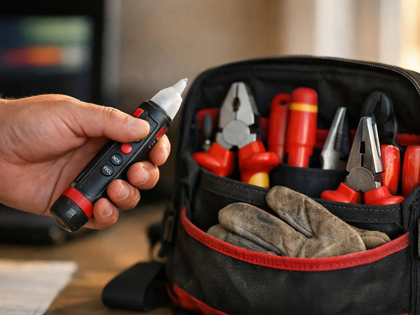 A hand holds a voltage tester beside a tool bag filled with pliers and work gloves