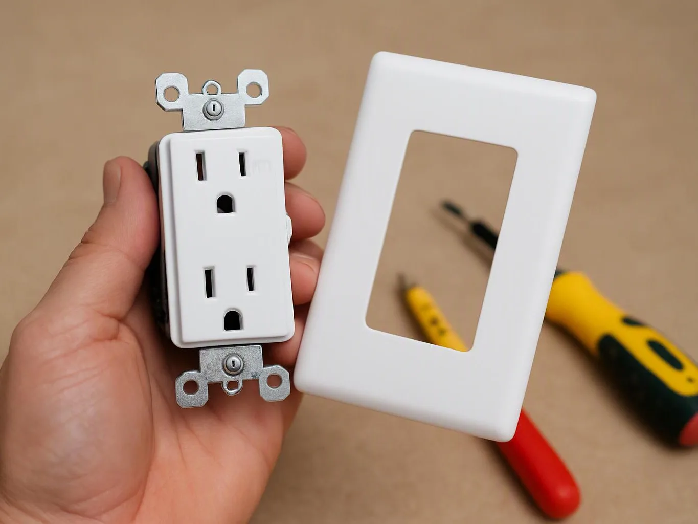 A hand holds a white electrical outlet beside a white wall plate, with screwdrivers on a beige surface
