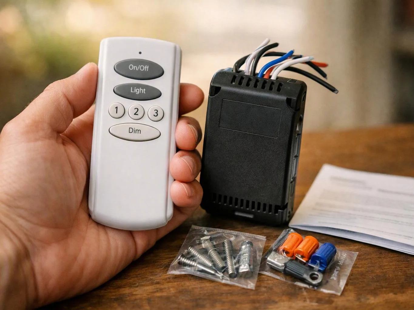 A hand holds a white light remote beside a black wired control box and small installation parts on a table