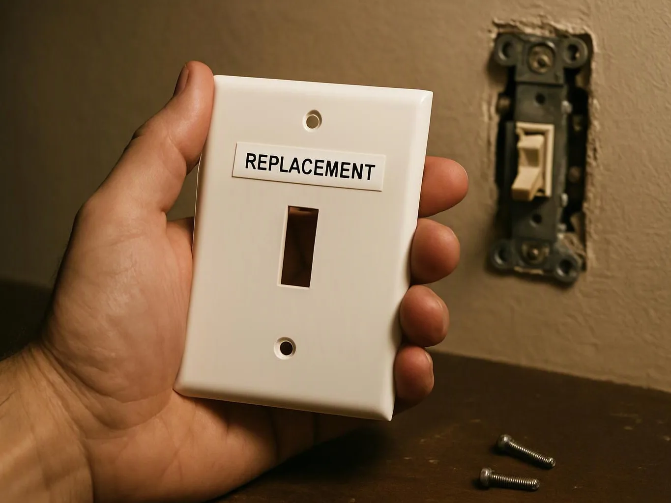 A hand holds a white wall switch plate labeled “REPLACEMENT” beside an exposed switch on a beige wall