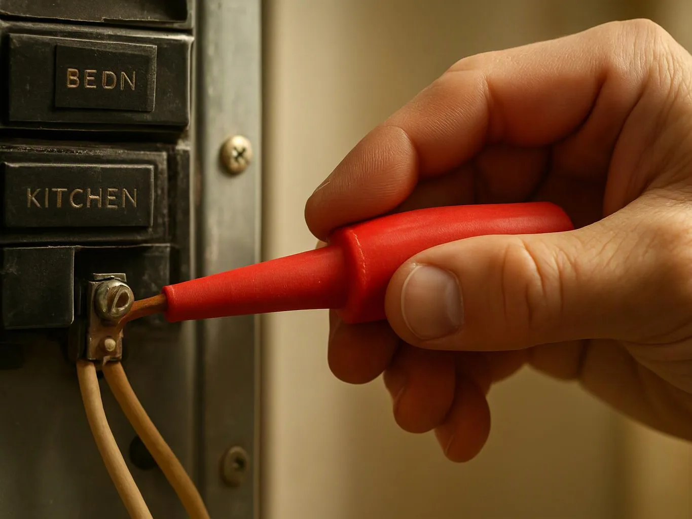 A hand uses a red screwdriver to tighten a wire terminal on a labeled electrical panel
