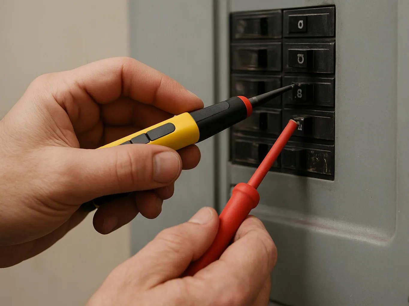 Hands test an electrical breaker panel with two voltage probes in a gray metal box