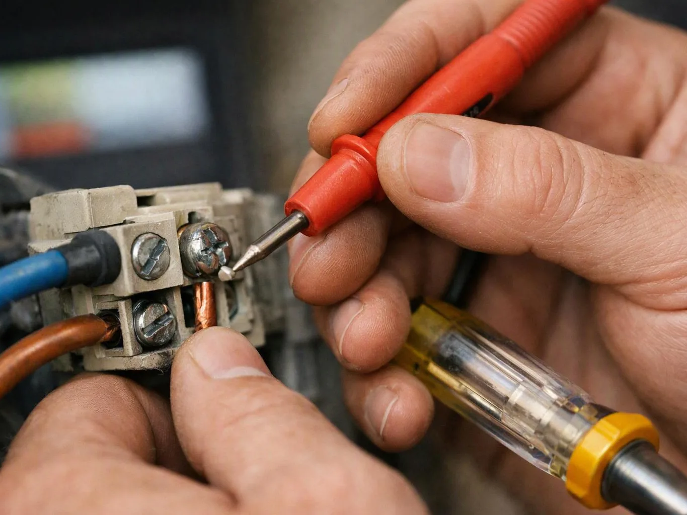 Hands test a metal electrical terminal block with red and yellow probes close to the screws