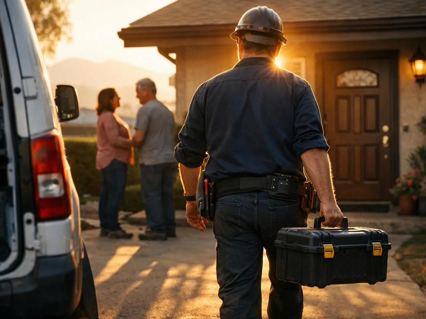 A hard hat worker carries a toolbox toward a house while two people talk near the doorway