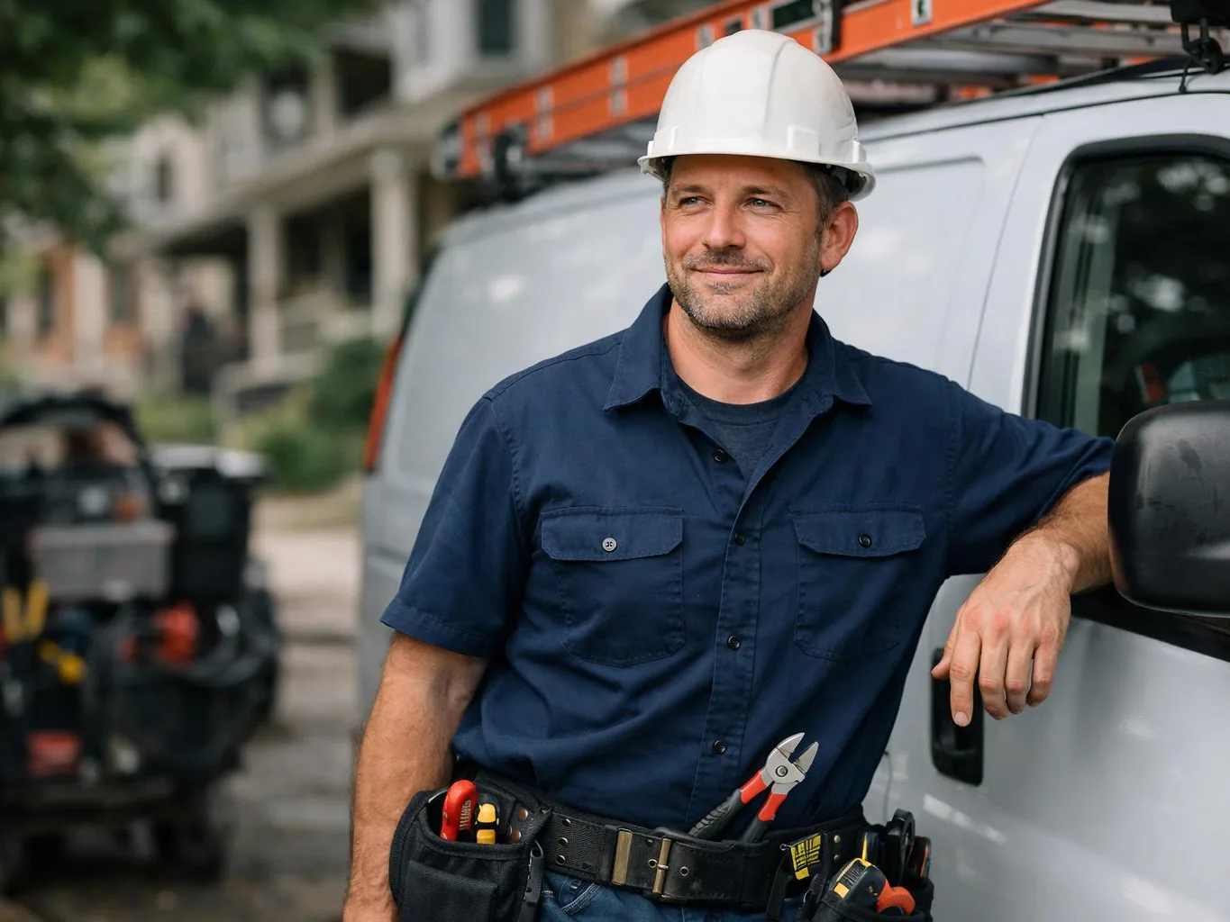 A worker in a white hard hat leans on a white van beside a parked utility vehicle on a street