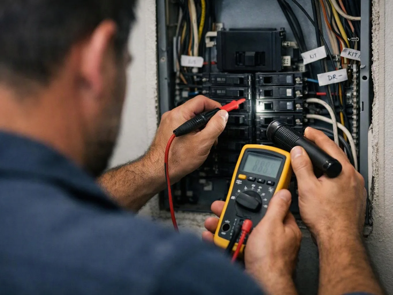 A technician tests a breaker panel with a multimeter and flashlight, with wires and labels visible inside the cabinet